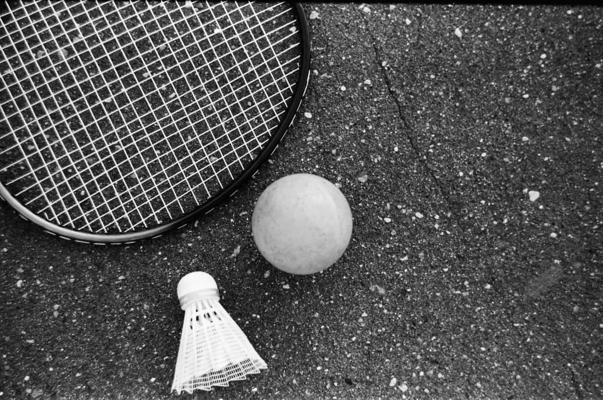 A badminton racket and shuttlecock in a garden