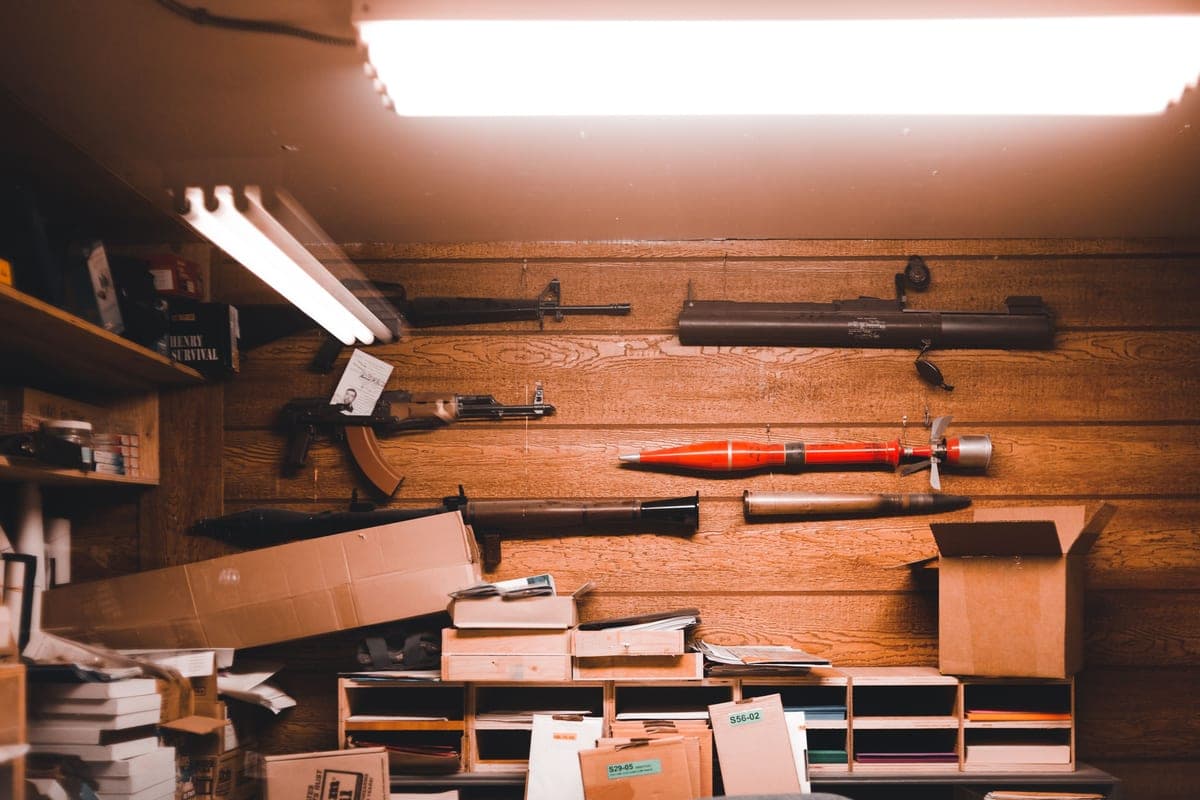 Organized shelves and storage boxes in a garage